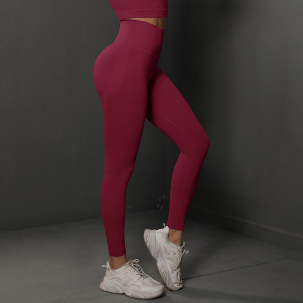 Träningstights Seamless Yoga Fitness Leggings Byxor Vinröd S