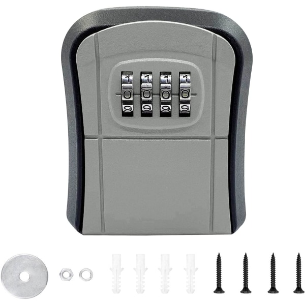 Säker nyckellåda, nyckelkodslåda, nyckelskåp, 4-siffrig låsbar låda, väggmonterat lösenordslås, grå