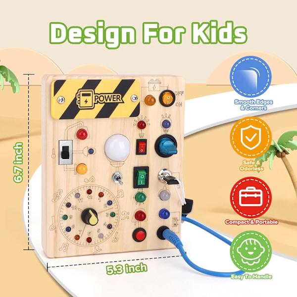 Montessori-leksak, aktivitetsbräda, sensorisk babyleksak, med 10 strömbrytare och 23 LED-lampor, träleksak, resa -AD11-