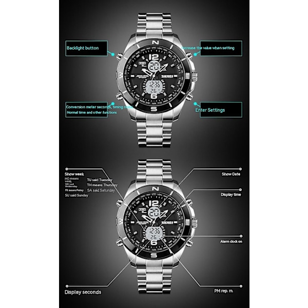 Analoga digitalklockor för män med dag och datum, vattentät klocka i rostfritt stål med lysande urtavla - Silvervit maskin