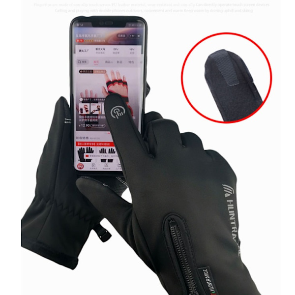 Vattentäta utomhushandskar för skidåkning med pekskärm, vinterhandskar för män och kvinnor, vindtäta, reflex, fleece, helfinger, dragkedja, körhandskar, varma handskar M Svart -AD11-