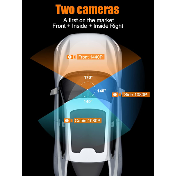 360° Dash Cam, 2-kanals dashcam til biler, 1440P Dash Cam foran og indeni, 3” skærm, 170° vidvinkel, WDR, 24H parkering, gratis 32 GB SD-kort -FD2-