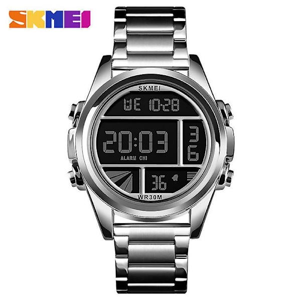 Men's Digital Watch Fashion Sports Stainless Steel Waterproof Wristwatch-silvery