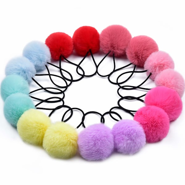 16 stk. elastiske hårbånd med pomponer - Fluffy Ponytail Holders