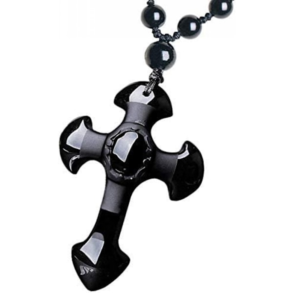 Obsidian kors halsband Amulett hänge med pärlkedja för kvinnor eller män-FS2--AD3-