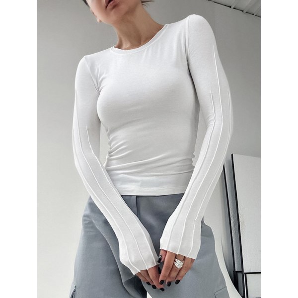 Langærmet skjorte dame tight rundhalset langærmet crop top Y2K slim fit toppe vit M