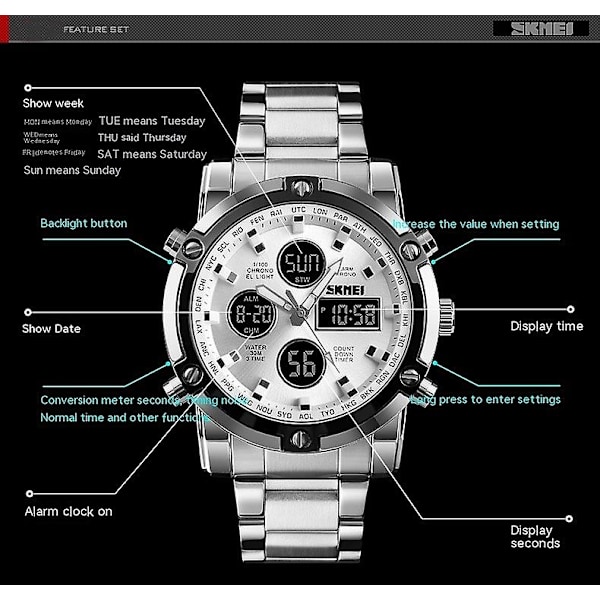 Herre Vandtætte Analog Digitale Ure med LED Multi Time, Rustfrit Stål Ure-Sølv Skal og Sølv Skive