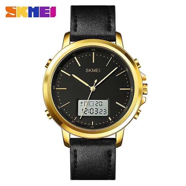 Men's Analog Digital Watches Casual Leather Strap Sport Watch-Golden shell white machine