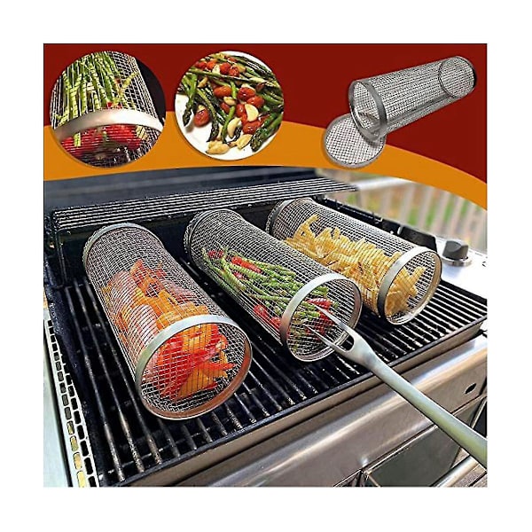 2 stk. Rullende Grillkurve - Den Bedste Grillkurv Nogensinde, Rundt Grillnet i Rustfrit Stål -FD4-