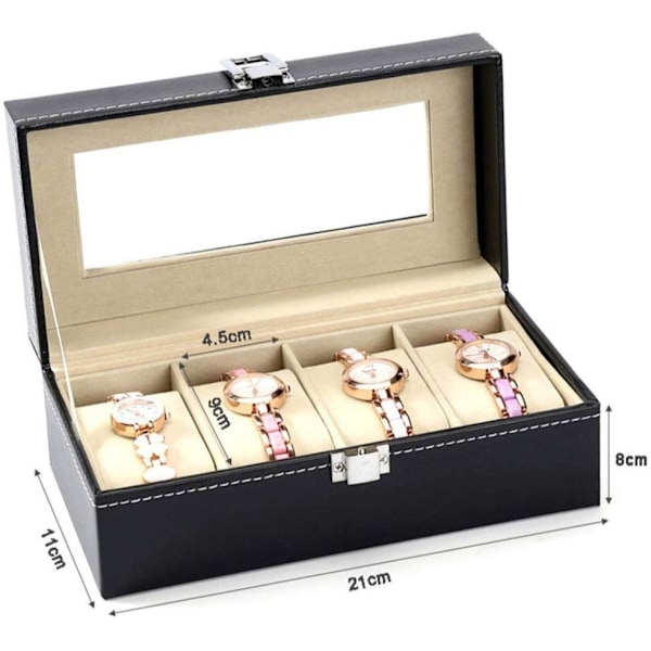 Watchbox Klockbox til 4 ure sort med hvid syning og vindue-AD7-