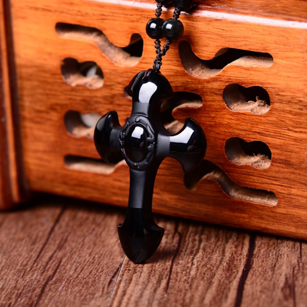 Obsidian kors halsband Amulett hänge med pärlkedja för kvinnor eller män-FS2--AD3-