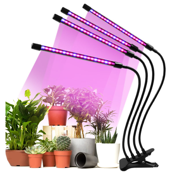 Växtlampa, LED-odlingsljus 360° trädgårdsbelysning, röd och blå fullspektrumodlingslampa med AUTO-timing - På/Av 3H/9H/12H (4 huvuden och 80 lysdioder)
