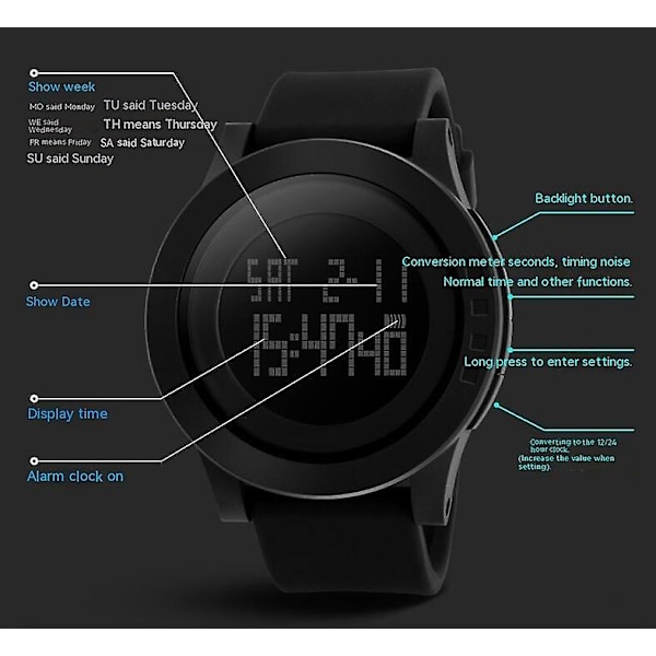 Sport Watch LED Elektronisk Digitalt Ur Vandtæt Udendørs Ure til Kvinder Mænd-1193 Lille Sort