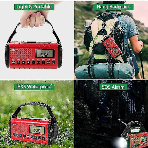 Bærbar DAB/FM Radio grønn, 5000mAh Solradio, USB-lader Solradio med SOS-alarm, Lommelykt og Leselampe-AD7-