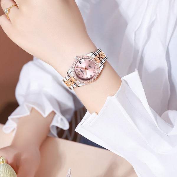 Watch Round Dial Pointer Diamond Encrusted Light Luxury Waterproof Quartz Watch pink
