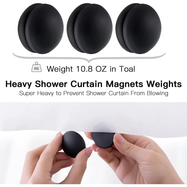 par duschdraperivikter, duschdraperimagneter som aldrig rostar, magneter hindrar duschdraperifoder från att blåsa gardinklämmor - svart