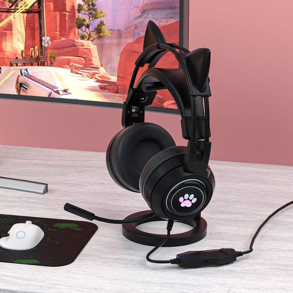 Kabelanslutet spelheadset, söt kattöra RGB-bakgrundsbelysning Over-ear hörlurar brusreducerande mikrofon Surroundljud för bärbar dator Black
