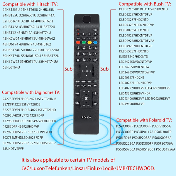 Universalfjernkontrollerstatning for JVC TV-fjernkontroll RC4800, Polaroid/Bush/Hitachi/TECHWOOD/Digihome/JMB/Telefunken Smart TV-apparater-AD7-
