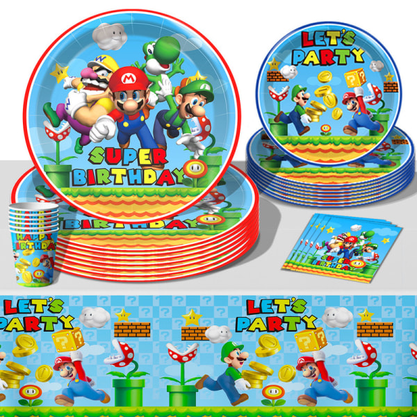 Mario tema fest dekoration rekvisita engångs papperstallrikar servetter bordsduk bordsduk set