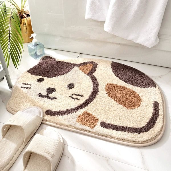 Badeværelsesmåtte skridsikker absorberende, kattebillede 46 x 66 cm beige-FD3-