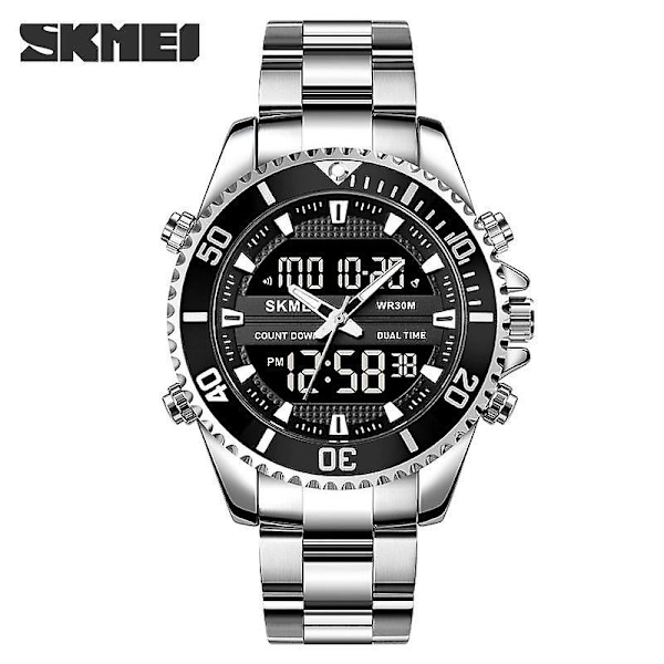 Men's Analog Digital Watches Stainless Steel Back Light Waterproof Watch-Silver shell black circle