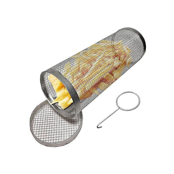 2 stk. Rullende Grillkurve - Den Bedste Grillkurv Nogensinde, Rundt Grillnet i Rustfrit Stål -FD4-