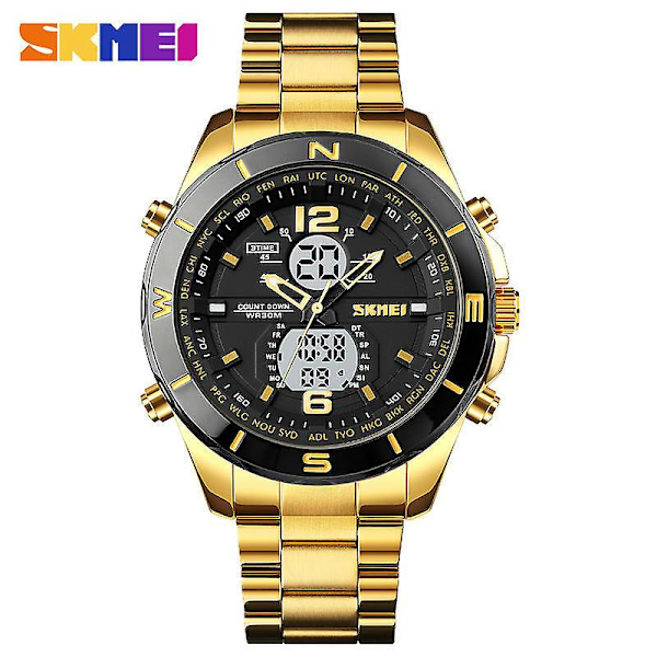 Men's Analog Digital Watches with Day and Date, Stainless Steel Waterproof Luminous Watch-Golden white machine