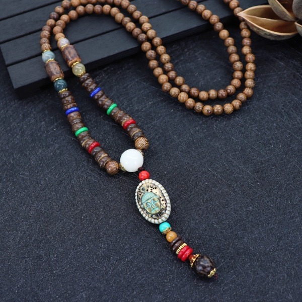 Vintage Nepal Long Buddhist Mala Wood Pärlhänge & Halsband Etnisk Bohemisk Boho Elephant Buddha Lucky Smycken För Kvinnor Män
