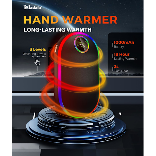 Handvärmare Uppladdningsbar med Lampor (7 Färger), 10000mah Luminescens Elektrisk Handvärmare, (13-18 timmar)