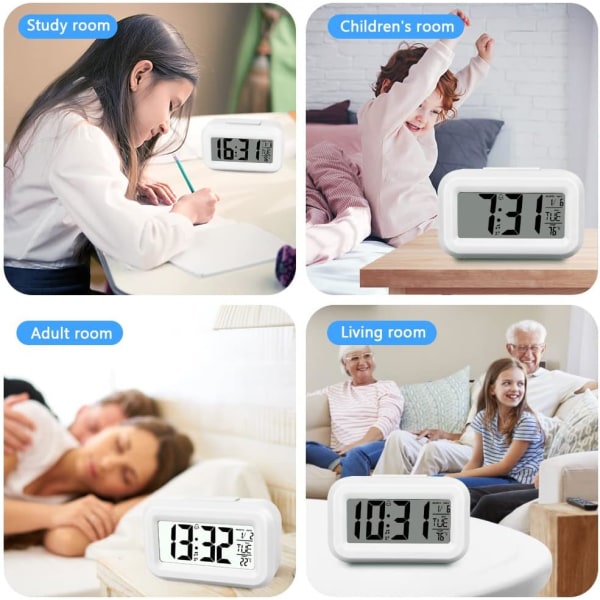 Digital väckarklocka, digital väckarklocka Batteridriven digital LCD-väckarklocka med temperatur-datumklocka, för hemmakontor, vit