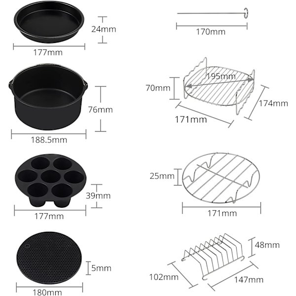 7 tuuman 17-osainen Power Round Air Fryer -lisävarustesetti 5,5L Friteerauskeittimen lisävarusteet sopivat 3,2L-8,1L -FD4-