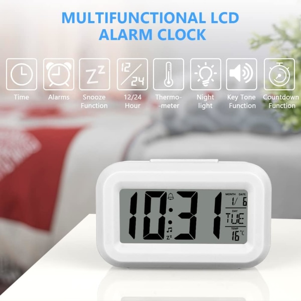 Digital väckarklocka, digital väckarklocka Batteridriven digital LCD-väckarklocka med temperatur-datumklocka, för hemmakontor, vit