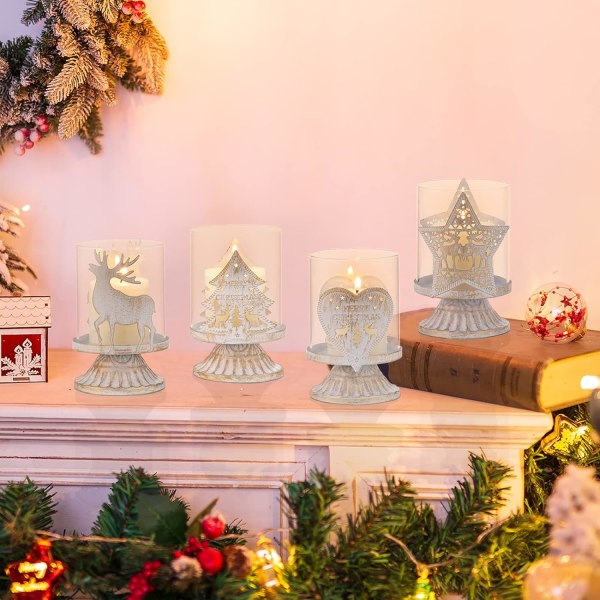 Set med 4 vita metallstolpar kandelaber, distressed kandelaber, julbordsmanteldekoration, annan juldekoration, vit - en mängd olika stilar