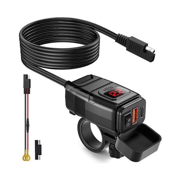 Motorcykel Telefonoplader, Dobbelt USB Type C PD & Quick Charge 3.0 Motorcykel USB Oplader med Voltmeter [DB]{F2}-AD8-