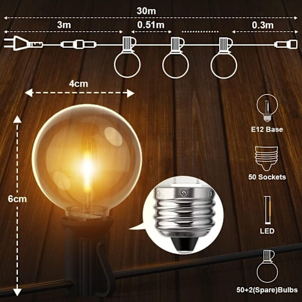 Ulkovalosarja, 30M LED-valosarja 50+2 särkymättömällä lampulla, IP44 vedenpitävä LED-valosarja terassille, puutarhaan, häihin, juhliin