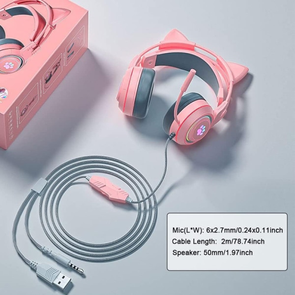 Kabelanslutet spelheadset, söt kattöra RGB-bakgrundsbelysning Over-ear hörlurar brusreducerande mikrofon Surroundljud för bärbar dator Pink