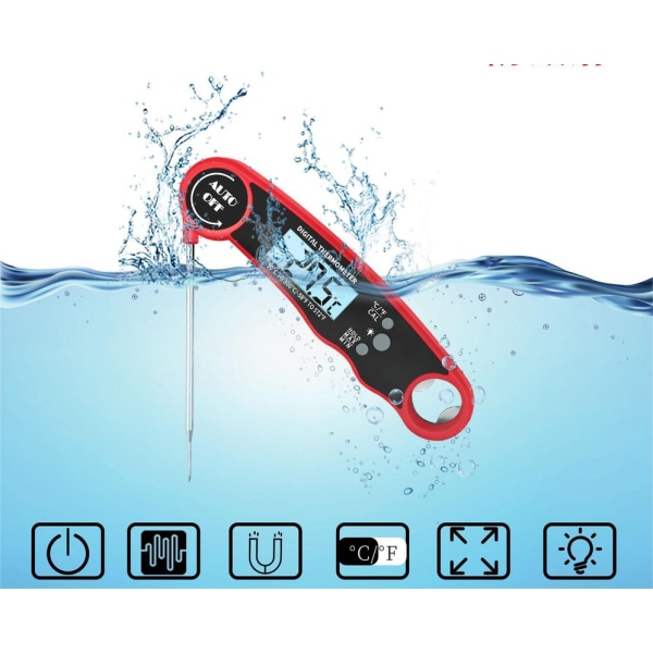 Digital termometer, BBQ Ultra snabb vattentät termometer med LCD-display vikbar Röd