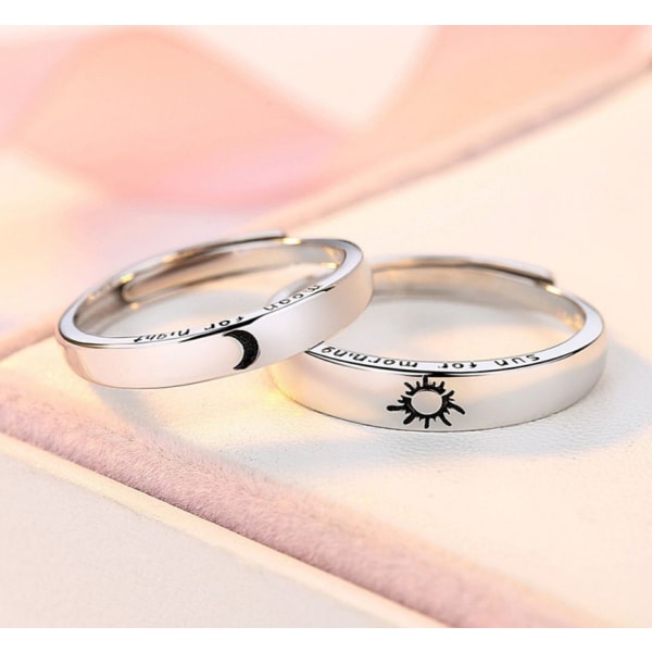 Sun and Moon Ring Silver Par Ring (925 Sterling Silver) (öppna justerbara partnerringar) (för hustru make flickvän pojkvän)
