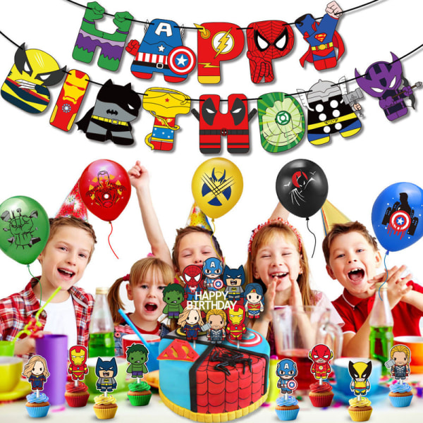 Spider-Man Superhelt Allianse Festdekorasjon Barnebursdag Dra flagg Kakeinnlegg Ballongsett A