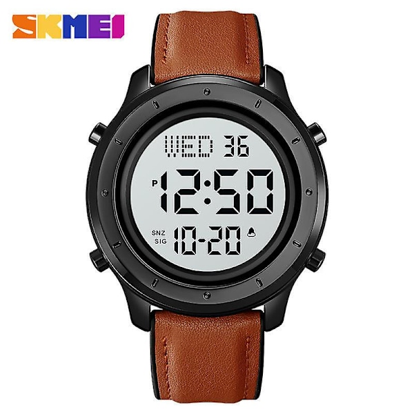 Men's Multifunction LED Digital Watches Date Alarm Waterproof Watch-Brown white machine leather