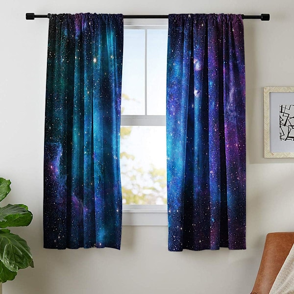 Barnegardiner Gutter Ytre Rom Stanglomme (2 Deler 150cm*180cm) Blå Planet Nebel Kosmisk Svart Psykedelisk【mo】-AD4-