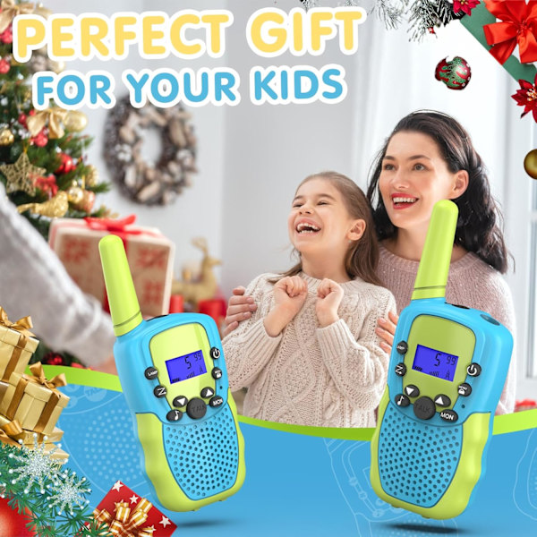 Walkie Talkie for Barn, 8 Kanaler 2-veisradio med VOX-funksjon & LED-lommelykt, 3 km rekkevidde for utendørs eventyr, camping (Blå-Grønn)