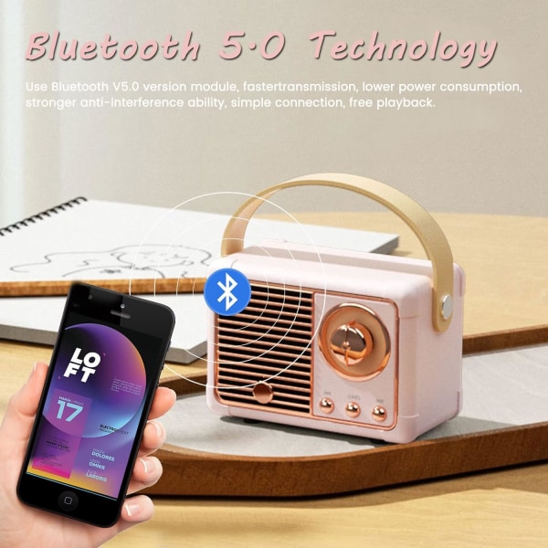 Retro Bluetooth högtalare, Vintage -högtalare med gammal klassisk stil, Bluetooth 5.0 trådlös anslutning, Support TF-kort, U Disk (Rosa)