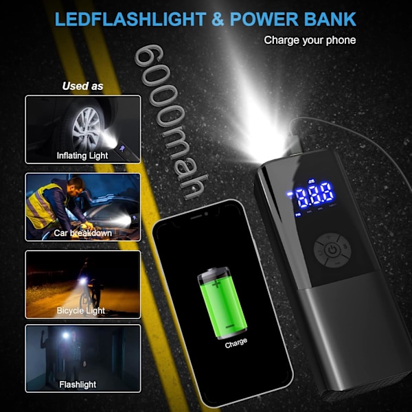 Batteridriven luftkompressor för däck, 150 PSI automatisk avstängning, luftpump med LED-ljus, digital mätare för exakta tryckavläsningar, svart -AD6-