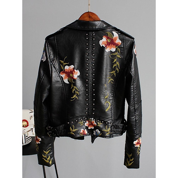 Blommigt mönstrad konstläderjacka i mjukt läder för kvinnor, PU-motorcykeljacka, svart punkrock, dragkedja, nitar, ytterkläder, beige Beige Beige XXL