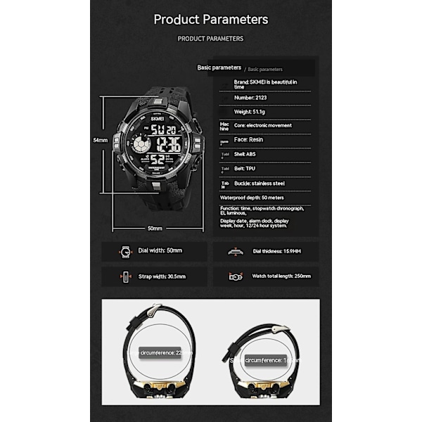 Miesten ulkoilukello, elektroninen rannekello, LED-vedenpitävä digitaalinen kello - musta