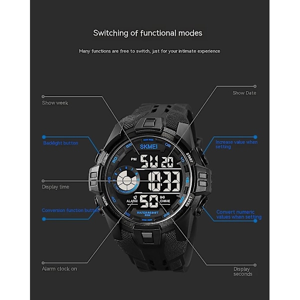Herrklocka utomhus sport elektronisk armbandsur LED vattentät digital klocka - svart