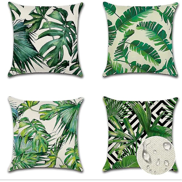 Set med 4 vattenavvisande kuddfodral för utomhusbruk, dekorativa för soffa, trädgård 45 x 45 cm (tropiska växter) -FD3-