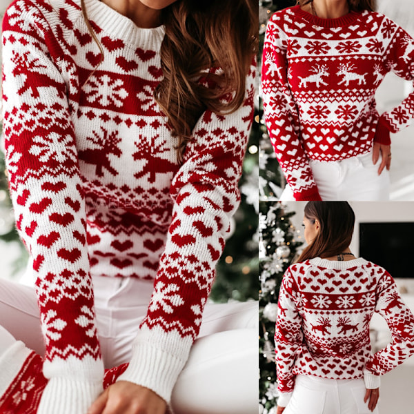 Kvinner julestrikket genser julenisse trykk genser White-AD7- White M