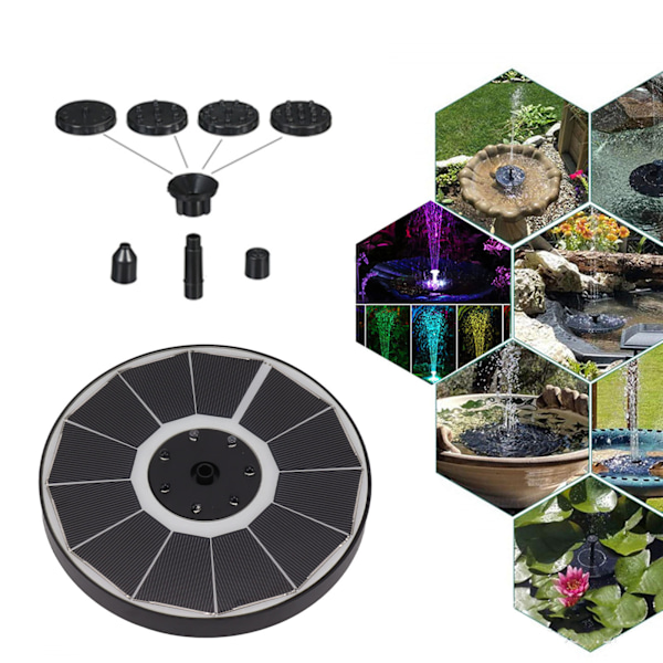 Solcellsfontänljus med 8 munstycken 3,5 W 900 mAh färgglada kraftfulla solfågelbadsfontäner för fågelbadsträdgård svart munstycke